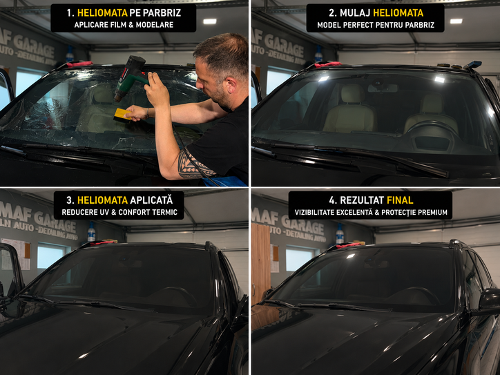 Aplicare heliomat pe parbriz în 4 pași — film, mulaj, aplicare, rezultat final