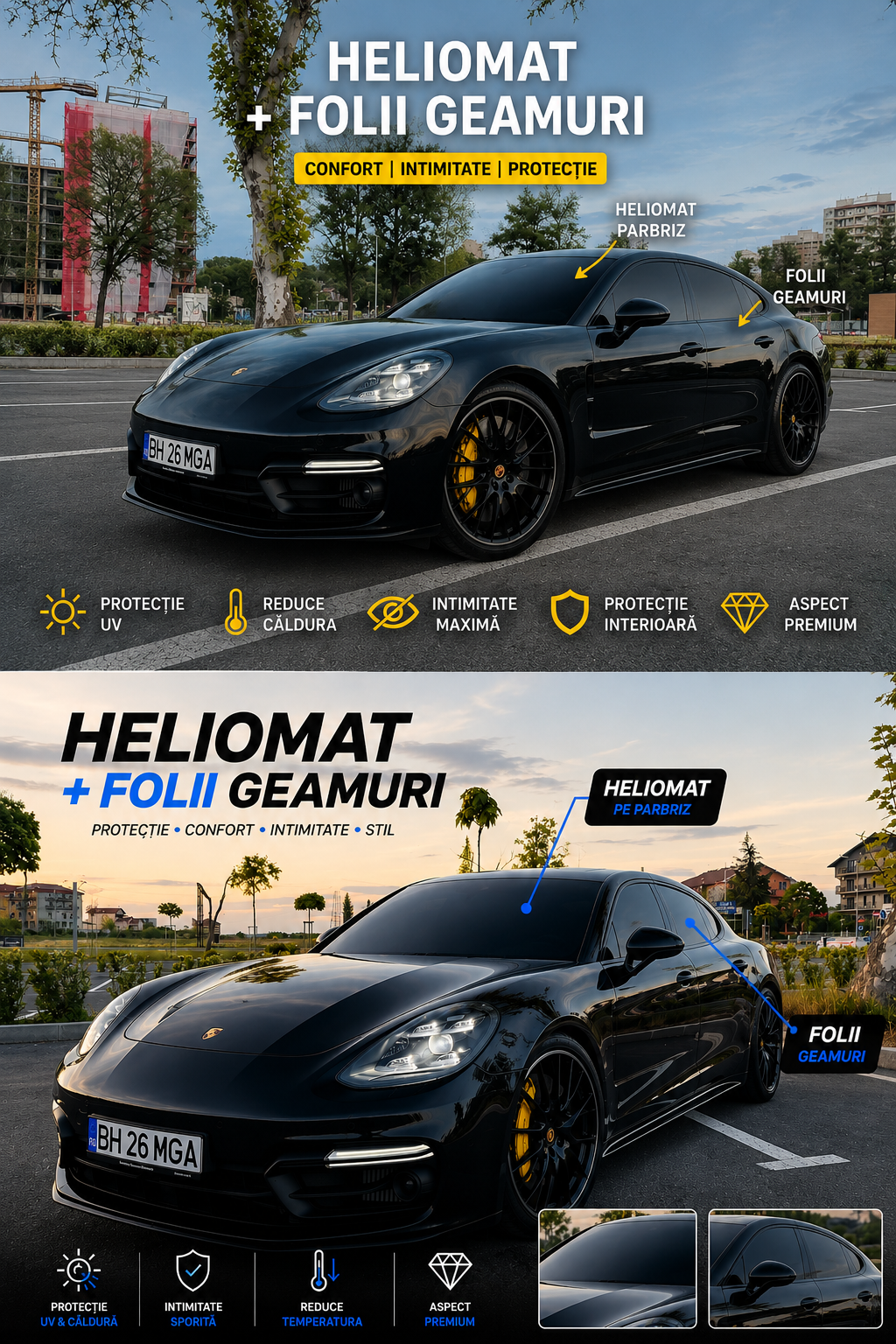 Pachet heliomat parbriz și folii geamuri aplicate pe Porsche Panamera